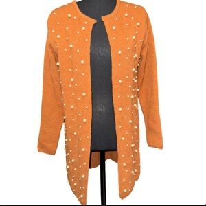 Luna Brown Open Front Cardigan Sweater W/ Pearl Detail Size Small